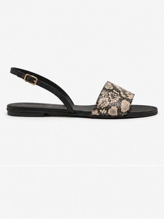Zara Black & Beige Snake-Print Slingback Flat Sandal